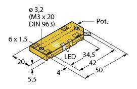 Technische Zeichnung eines rechteckigen Bauteils mit Maßen: 50x34,5 mm. Markierungen für Schraublöcher und Positionen für LED und Potentiometer.