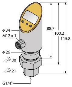 Technische Zeichnung eines Sensorgeräts mit Abmessungen: Gesamthöhe 115,8 mm, Durchmesser 34 mm, Anschluss G1/4''.