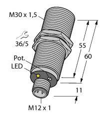 Ein zylindrischer Sensor mit M30 x 1,5 Gewinde, 55 mm Länge, LED-Anzeige und M12-Stecker. Maße und Anschlussdetails sind markiert.