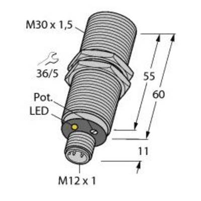 Ein zylindrischer Sensor mit M30 x 1,5 Gewinde, 55 mm Länge, LED-Anzeige und M12-Stecker. Maße und Anschlussdetails sind markiert.