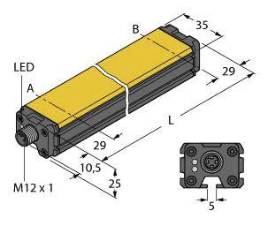 Rechteckiger Sensor mit gelbem Gehäuse, abgerundeten Ecken. Maße: B 35 x L 29 mm. Seitlicher Anschluss M12 x 1. LED-Anzeige oben.