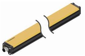 Ein gelber, rechteckiger Sensor mit schwarzem Rand und Stecker am Ende, möglicherweise ein Industriebauteil zur Messung.