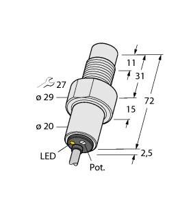 Technische Abbildung eines zylindrischen Sensors mit LED-Anzeige. Maße: Länge 72 mm, Breite 29 mm, Höhe 20 mm. Zeigt Position des Potentiometers.