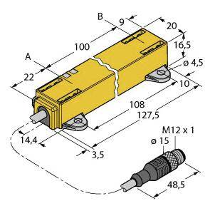 Technische Zeichnung eines gelben Sensors mit Abmessungen in Millimetern. Zeigt Anschlüsse, Schraublöcher und elektrische Komponenten.