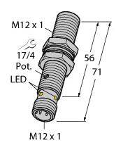 Abbildung eines zylindrischen M12-Sensors mit Gewinde, LED und Potentiometer. Maße: 56 mm und 71 mm Länge; Gewinde M12 x 1.