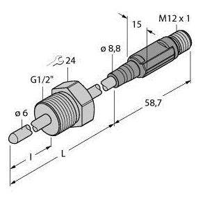 'Technische Zeichnung eines zylindrischen Bauteils mit Gewinde. Abmessungen: Durchmesser 8,8 mm, Länge 58,7 mm, M12 x 1 Gewinde.'