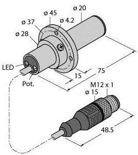 Technische Zeichnung eines zylindrischen Sensors mit Abmessungen: Durchmesser 20 mm, Länge 75 mm, mit LED und M12-Stecker.