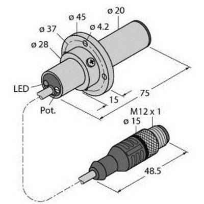 Technische Zeichnung eines zylindrischen Sensors mit Abmessungen: Durchmesser 20 mm, Länge 75 mm, mit LED und M12-Stecker.