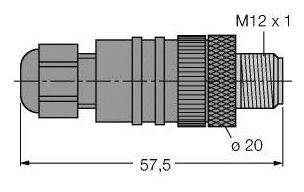 Technische Zeichnung eines Steckverbinders mit M12 x 1 Verschraubung, Gesamtlänge 57,5 mm, Durchmesser 20 mm.