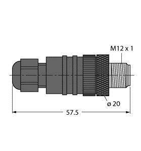 Technische Zeichnung eines zylindrischen Steckverbinders. Abmessungen: 57,5 mm Länge, 20 mm Durchmesser, Gewinde M12 x 1.