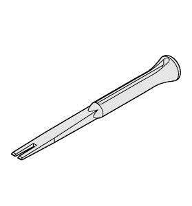 Zeichnung eines Hakens zum Entfernen von Klammern. Das Werkzeug hat eine gebogene Spitze und einen ergonomischen Griff.