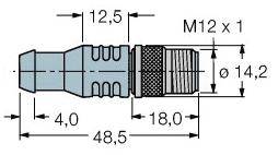 Technische Zeichnung eines Adapters mit Maßen: Gesamtlänge 48,5 mm, Durchmesser 14,2 mm, Gewinde M12 x 1.