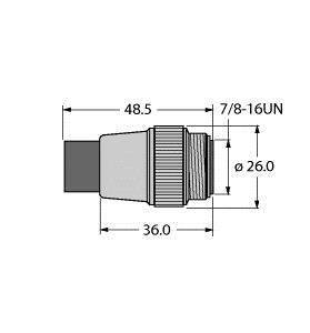 Technische Zeichnung eines Adapters mit den Maßen 48,5 mm Länge und 26 mm Durchmesser, Anschlussgröße 7/8-16UN.