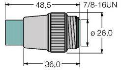 Technische Zeichnung eines Steckverbinders mit Abmessungen: Länge 48,5 mm, Durchmesser 26,0 mm, Gewinde 7/8-16UN.
