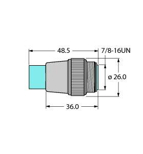 Technische Zeichnung eines Anschlussstücks, mit den Maßen: Länge 48,5 mm, Breite 26 mm, Schraubgewinde 7/8-16UN, Länge 36 mm.