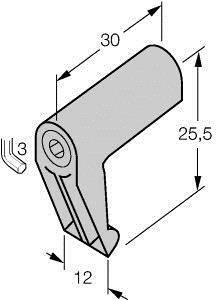 Technische Zeichnung eines Bauteils mit zylindrischem und rechteckigem Element. Maße: 30 mm Länge, 12 mm Breite, 25,5 mm Höhe.