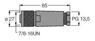 Technische Zeichnung eines zylindrischen Adapters mit Gewinde. Maße: Länge 85 mm, Durchmesser 27 mm, Gewinde '7/8-16UN', Anschluss PG 13,5.