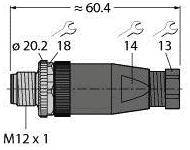 Seitenansicht eines Steckverbinders mit Maßen: Länge ca. 60,4 mm, Durchmesser 20,2 mm. Schraubenschlüsselgrößen: 18, 14, 13 mm.