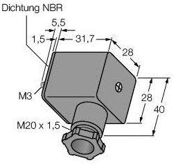 Technische Zeichnung eines Dichtungsstücks aus NBR mit Maßen: Länge 31,7 mm, Höhe 40 mm, Breite 28 mm. Schraubengröße M3 und M20 x 1,5.