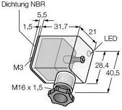 Technische Zeichnung eines Gehäuses mit Dichtung NBR. Maße: 31,7 x 21 mm. Schraubengrößen M3 und M16 x 1,5. LED Markierung.