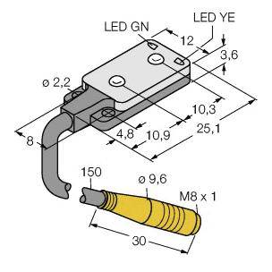 Abbildung eines Sensors mit detaillierten Maßangaben. Oben LEDs markiert: 'LED GN' und 'LED YE'. Unten Anschluss mit Gewinde M8 x 1.