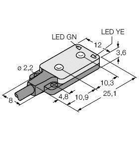 Technische Zeichnung eines rechteckigen Sensors mit LED-Anzeigen, Maße: Länge 25,1 mm, Breite 8 mm, Höhe 3,6 mm, LED-Anschlüsse markiert.