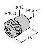 Runde metallische Komponente mit gerändelter Fläche. Beschriftungen: 'Ø 15', 'M12 x 1', 'Ø 16,3', '16'. Technische Zeichnung.