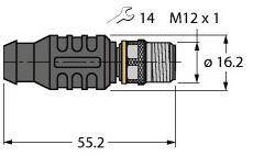 Technische Zeichnung eines Steckeradapters mit Maßen: Länge 55,2 mm, Gewinde M12 x 1, Durchmesser 16,2 mm. Schlüsselweite 14 mm.