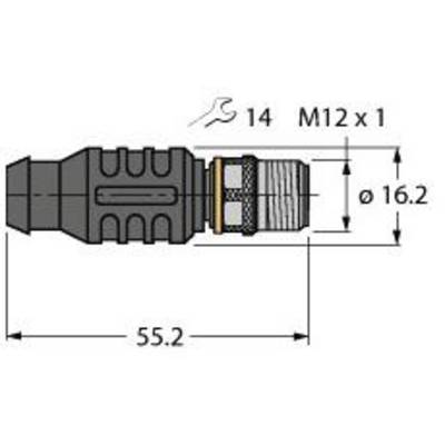 Technische Zeichnung eines Steckeradapters mit Maßen: Länge 55,2 mm, Gewinde M12 x 1, Durchmesser 16,2 mm. Schlüsselweite 14 mm.