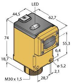 Abbildung eines rechteckigen Sensors mit den Maßen 74 mm x 62,7 mm x 44,5 mm. Markierungen für LED und Anschlussgewinde M30 x 1,5.