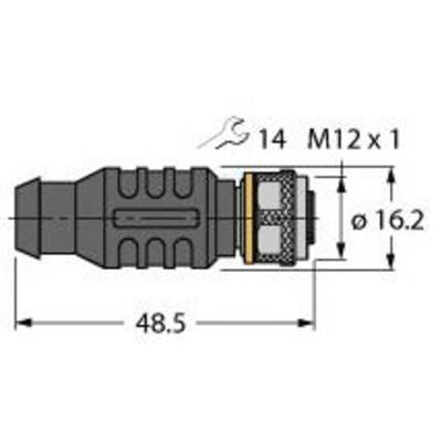 Technische Zeichnung eines Steckers. Länge: 48,5 mm, Gewinde: M12 x 1, Durchmesser: 16,2 mm, benötigt 14 mm Werkzeug.