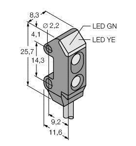 Technische Zeichnung eines Sensors mit zwei LEDs. Maße: Höhe 25,7 mm, Breite 11,6 mm, Tiefe 9,2 mm. Markierungen: 'LED GN', 'LED YE'.
