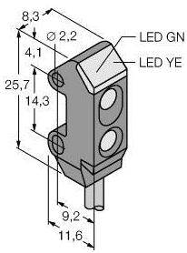 'Technische Zeichnung eines Sensors mit Abmessungen. Enthält LEDs: grün (LED GN) und gelb (LED YE). Maße: 8,3 x 25,7 x 11,6 mm.'