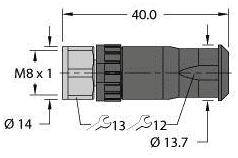 Technische Zeichnung einer zylindrischen Komponente mit Gewinde 'M8 x 1', Länge '40.0 mm', Durchmesser bei verschiedenen Punkten: 'Ø 14 mm' und 'Ø 13.7 mm'. Werkzeuge '13' und '12' angegeben.