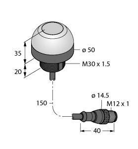 'Technische Zeichnung eines Drehknopfs mit Maßen: obere Breite 50 mm, Höhe 35 mm, Gewinde M30 x 1.5, Länge 150 mm, Unterteil Ø 14.5 mm, Gewinde M12 x 1, Länge 40 mm.'