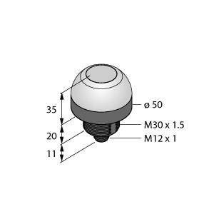 Schema einer kugelförmigen Maschinekomponente mit Maßen: Durchmesser 50 mm, Höhe 35 mm, Gewindegrößen M30 x 1.5 und M12 x 1.