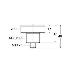 Technische Zeichnung eines Zylinders mit Maßen: Durchmesser 50 mm, Höhe 48 mm. Gewinde M30 x 1,5 und M12 x 1 sind markiert.