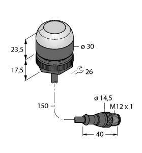 'Abmessungen eines Druckknopfes: oberer Teil Durchmesser 30 mm, Gesamthöhe 23,5 mm, unterer Teil 14,5 mm Durchmesser, M12x1 Gewinde, Gesamtlänge 150 mm.'