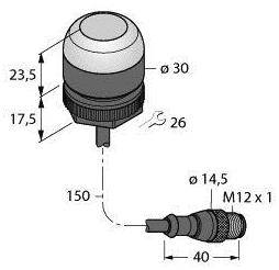 Technische Zeichnung eines Druckknopfs mit Maßen: Durchmesser 30 mm, Höhe 23,5 mm. Verbindung: Stecker M12 x 1, Länge 40 mm.