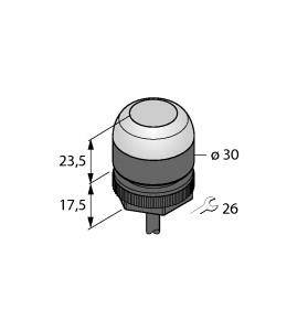 Diagramm eines runden Knopfschalters. Durchmesser: 30 mm, Höhe: 23,5 mm, Tiefe: 17,5 mm. Schlüsselgröße: 26 mm.