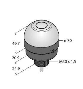 Illustration eines runden Druckknopfes mit Maßen: Durchmesser 70 mm, Höhe 49,7 mm. Gewinde: M30 x 1,5 mm. Maße in Millimetern angegeben.