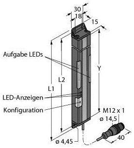 'Detaillierte technische Zeichnung eines zylindrischen elektronischen Geräts mit Beschriftungen für LED-Anzeigen, Konfiguration und Maße.'