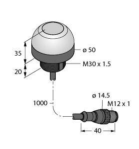 Technische Zeichnung eines runden Bauteils mit Maßen: Durchmesser 50 mm, Höhe 35 mm. Gewinde M30 x 1.5. Kleinere Seite: Durchmesser 14,5 mm, M12 x 1 Gewinde, Länge 40 mm.