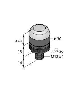 Illustration eines zylindrischen Bauteils mit Maßen: Gesamthöhe 23,5 mm, Durchmesser 30 mm, Gewinde M12 x 1, Schlüssellänge 26 mm.