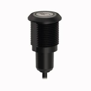Ein schwarzes Mikrofon in zylindrischer Form mit gerilltem Gehäuse und Kabel am unteren Ende, vor einem neutralen Hintergrund.