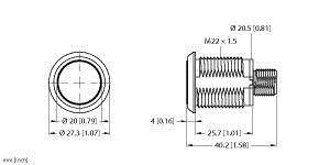 Technische Zeichnung eines zylindrischen Gewindeadapters mit Maßen in mm und Zoll, zeigt Vorder- und Seitenansicht mit Gewindespezifikationen.