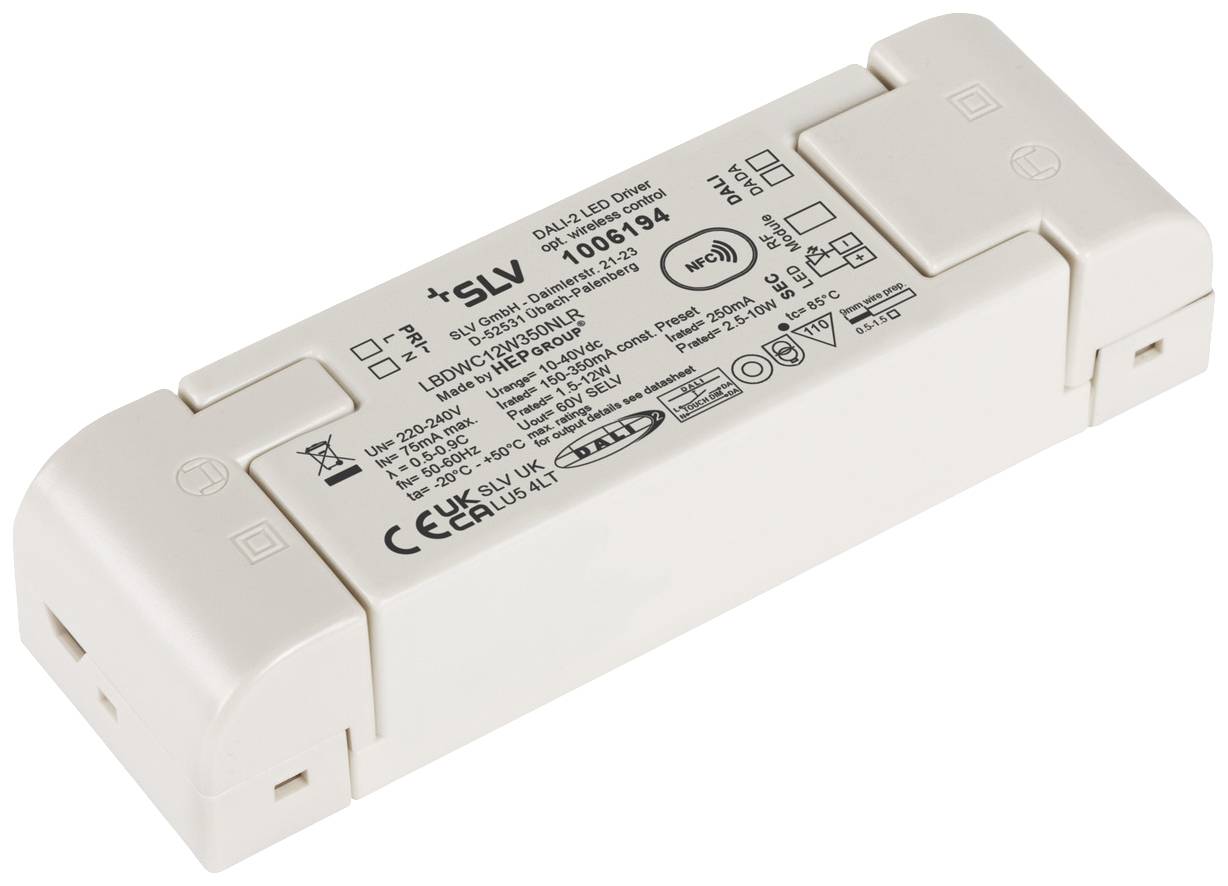 Länglicher LED-Treiber mit technischen Spezifikationen und Markenlogo auf der Oberfläche, geeignet zur Stromversorgung von LED-Leuchten.