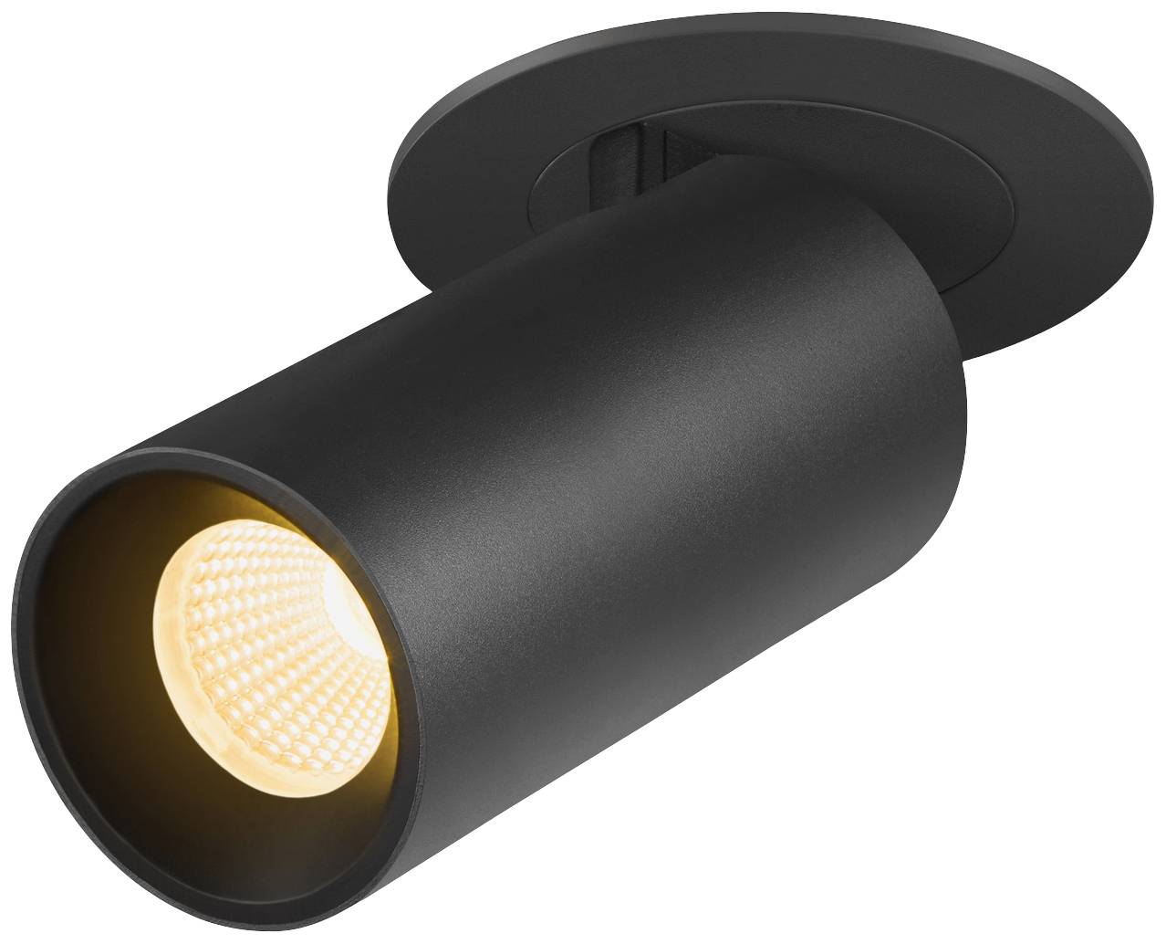 Schwarzer, zylindrischer Deckenstrahler mit warmem LED-Licht, montiert an einer runden Basis, geeignet für moderne Innenräume.