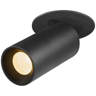Schwarzer, zylindrischer Deckenstrahler mit warmem LED-Licht, montiert an einer runden Basis, geeignet für moderne Innenräume.