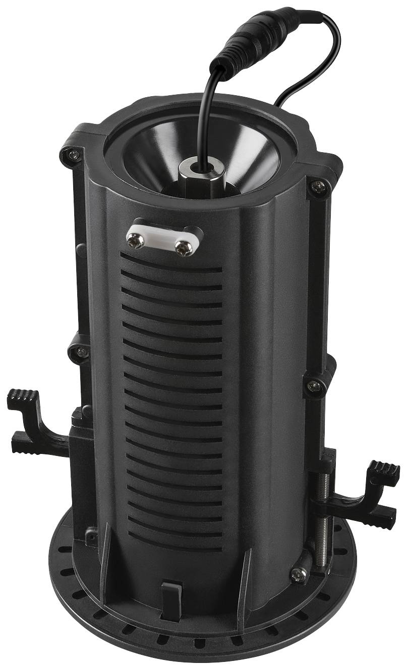 Ein schwarzer zylindrischer LED-Scheinwerfer mit Kabelanschluss an der Oberseite, geeignet für Bühnen- und Eventbeleuchtung.
